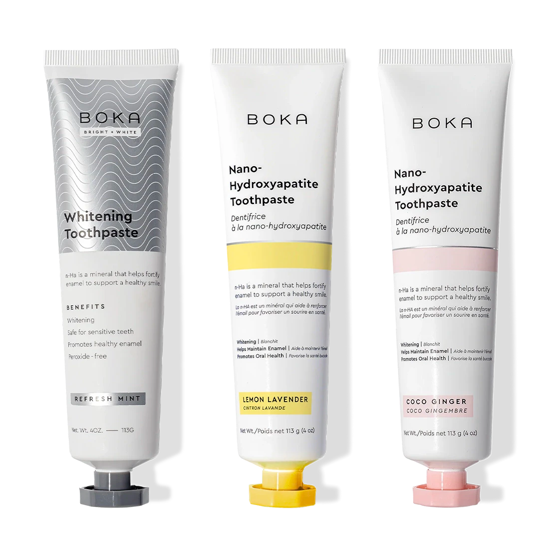 Nano (n-Ha) Toothpaste Whitening 3 Pack: Refresh Mint, Whitening, Lemon Lavender flavors.