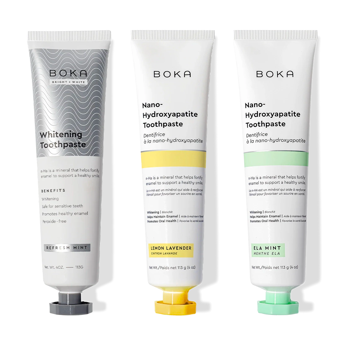 Gallery view - Boka Nano (n-Ha) Toothpaste Whitening 3 Pack: Refresh Mint, Lemon Lavender & Ela Mint flavors.