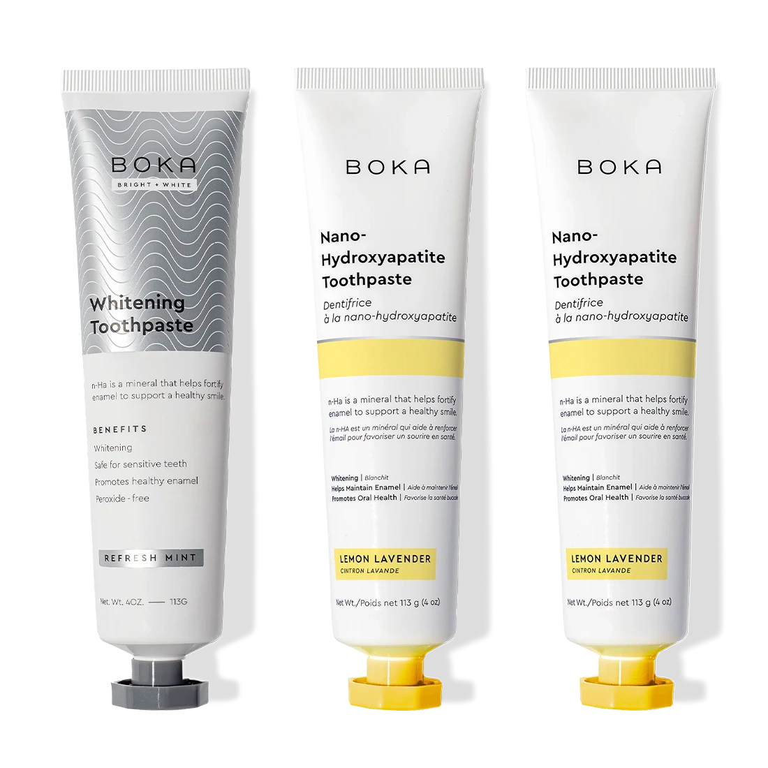 Three-pack of Nano (n-Ha) Toothpaste: two Lemon Lavender and one Whitening Refresh Mint.