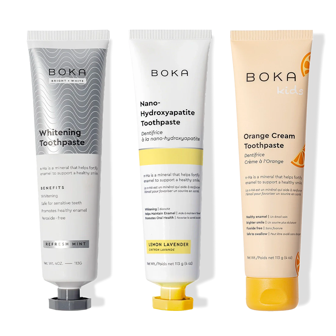 Three-pack of Boka Nano (n-Ha) Whitening Toothpaste, including Kids Orange Cream variety.