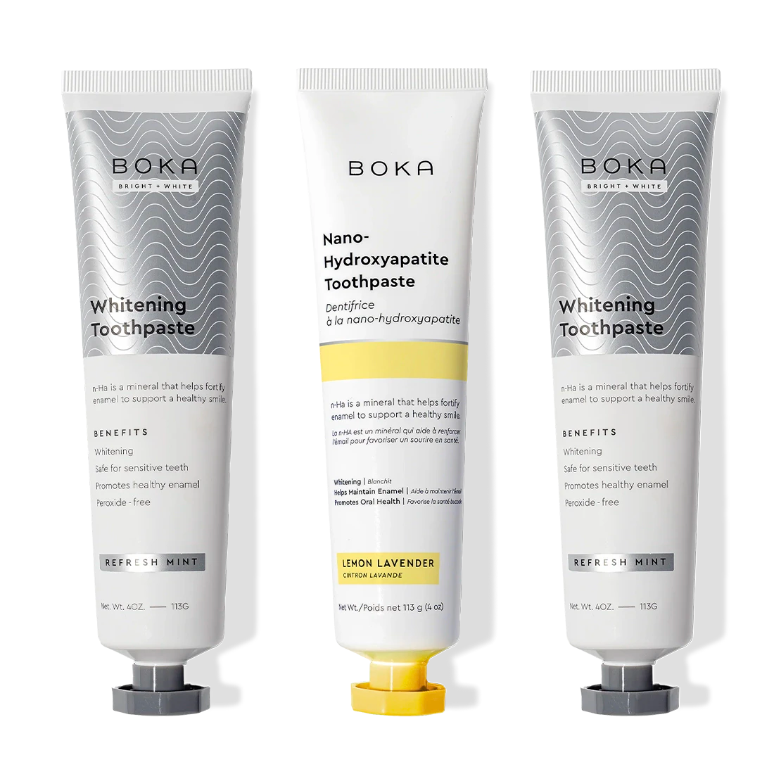 Three tubes of Boka Nano (n-Ha) Toothpaste Whitening 3 Pack, including Lemon Lavender.