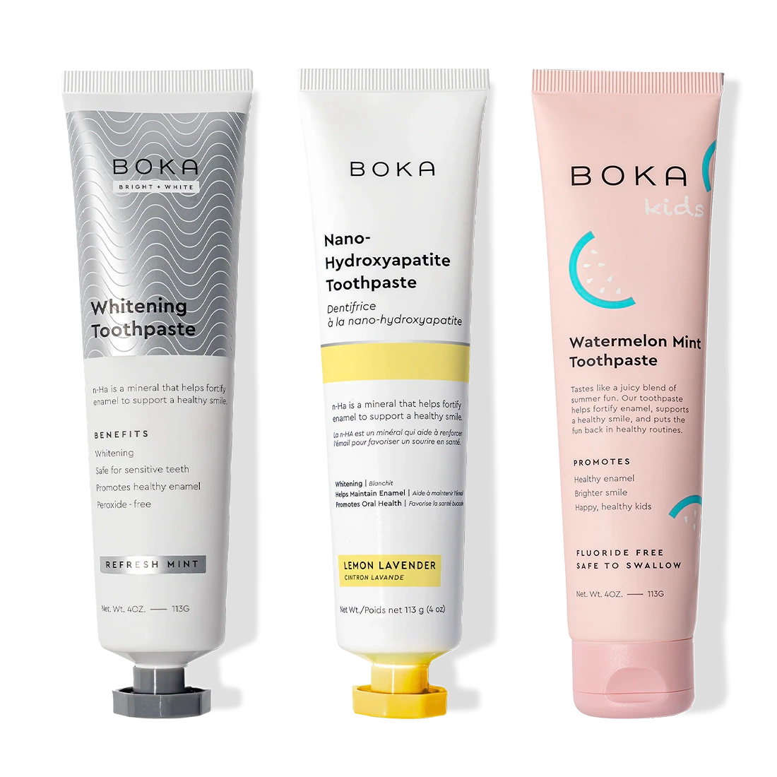 Boka Nano (n-Ha) Whitening Toothpaste 3 Pack: peroxide-free, safe for kids, Watermelon Mint.