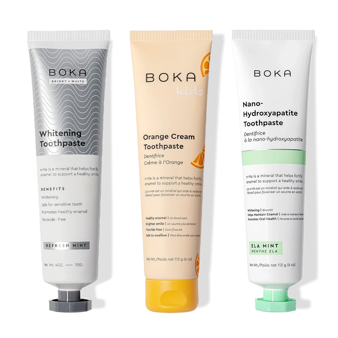 Gallery view - Three Boka Nano (n-Ha) Toothpaste Whitening tubes in one 3 pack: peroxide- and fluoride-free.