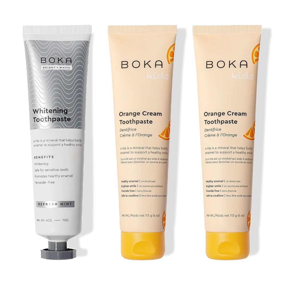 Three Boka Nano (n-Ha) Whitening Toothpaste tubes stand upright in a 3-pack.