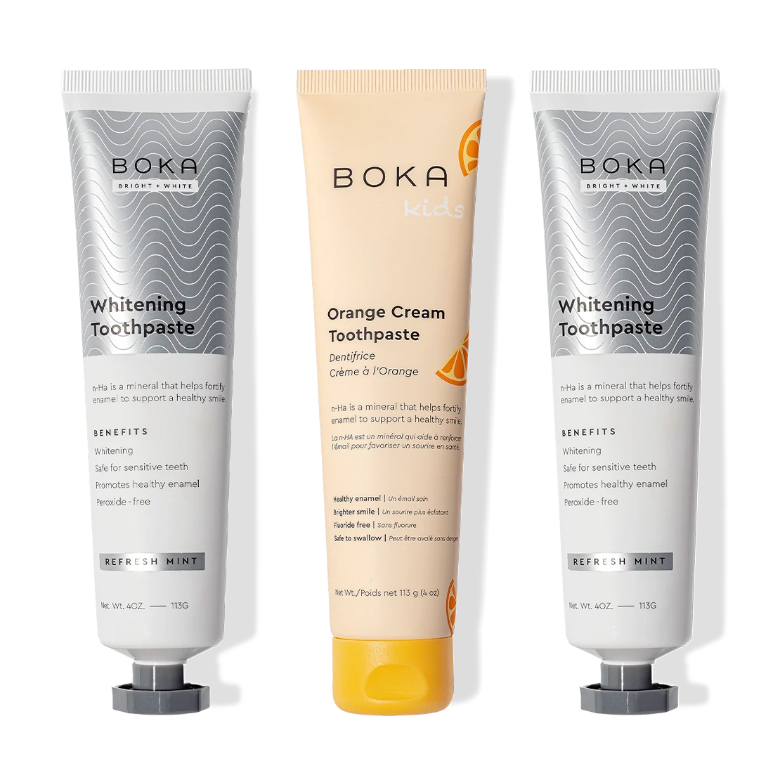 Nano (n-Ha) Toothpaste Whitening 3 Pack: 2 Whitening Mint, 1 Orange Cream Kids—side by side.