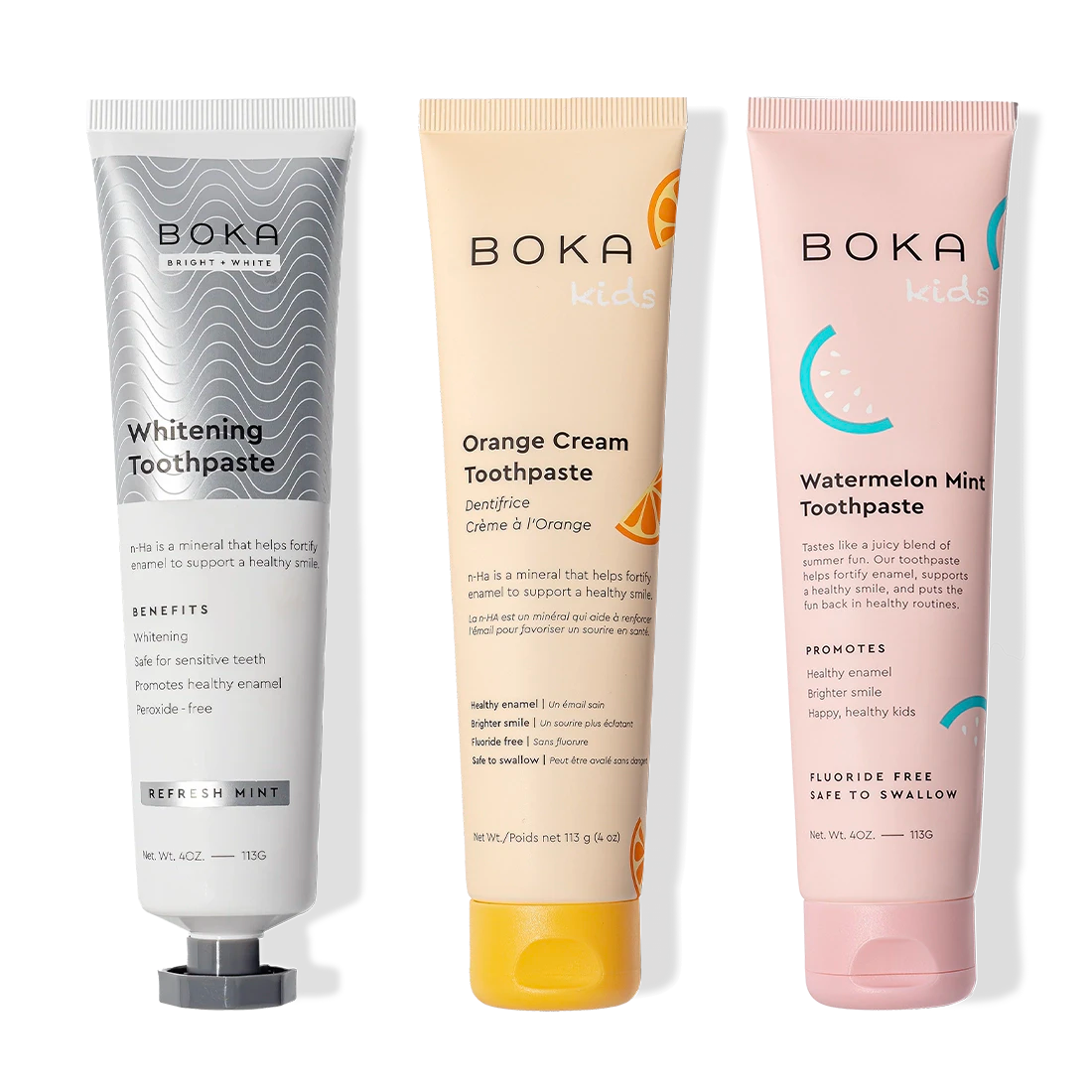 Three-pack of Boka Nano (n-Ha) Whitening Toothpaste: includes kids’ Orange Cream & Watermelon Mint.