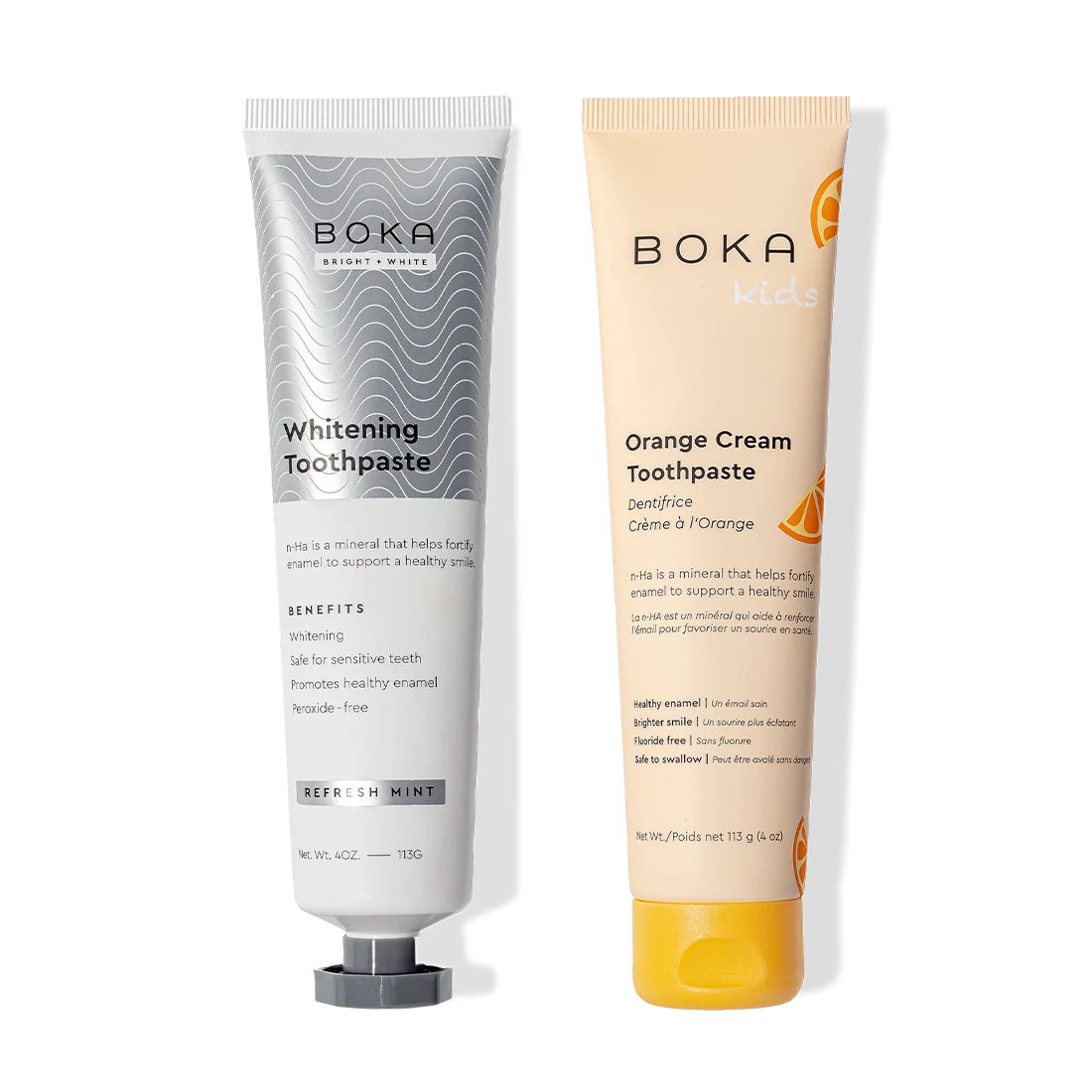 Two n-Ha Toothpaste 2-Pack tubes with nano-hydroxyapatite to fortify enamel, side by side.