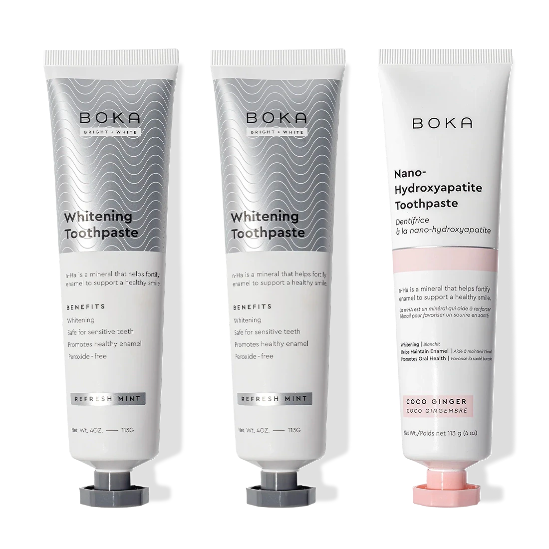 Three Nano (n-Ha) Toothpaste Whitening tubes (3 Pack) stand on a white background.