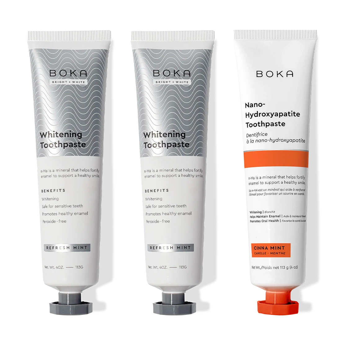 Three Nano (n-Ha) Toothpaste Whitening tubes: two Refresh Mint, one Cinna Mint.