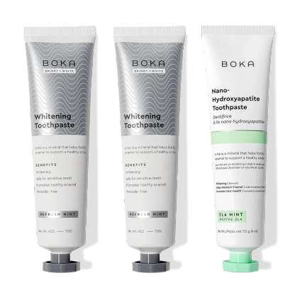 Gallery view - Three upright Nano (n-Ha) Toothpaste Whitening 3 Pack tubes: two silver, one white and green.