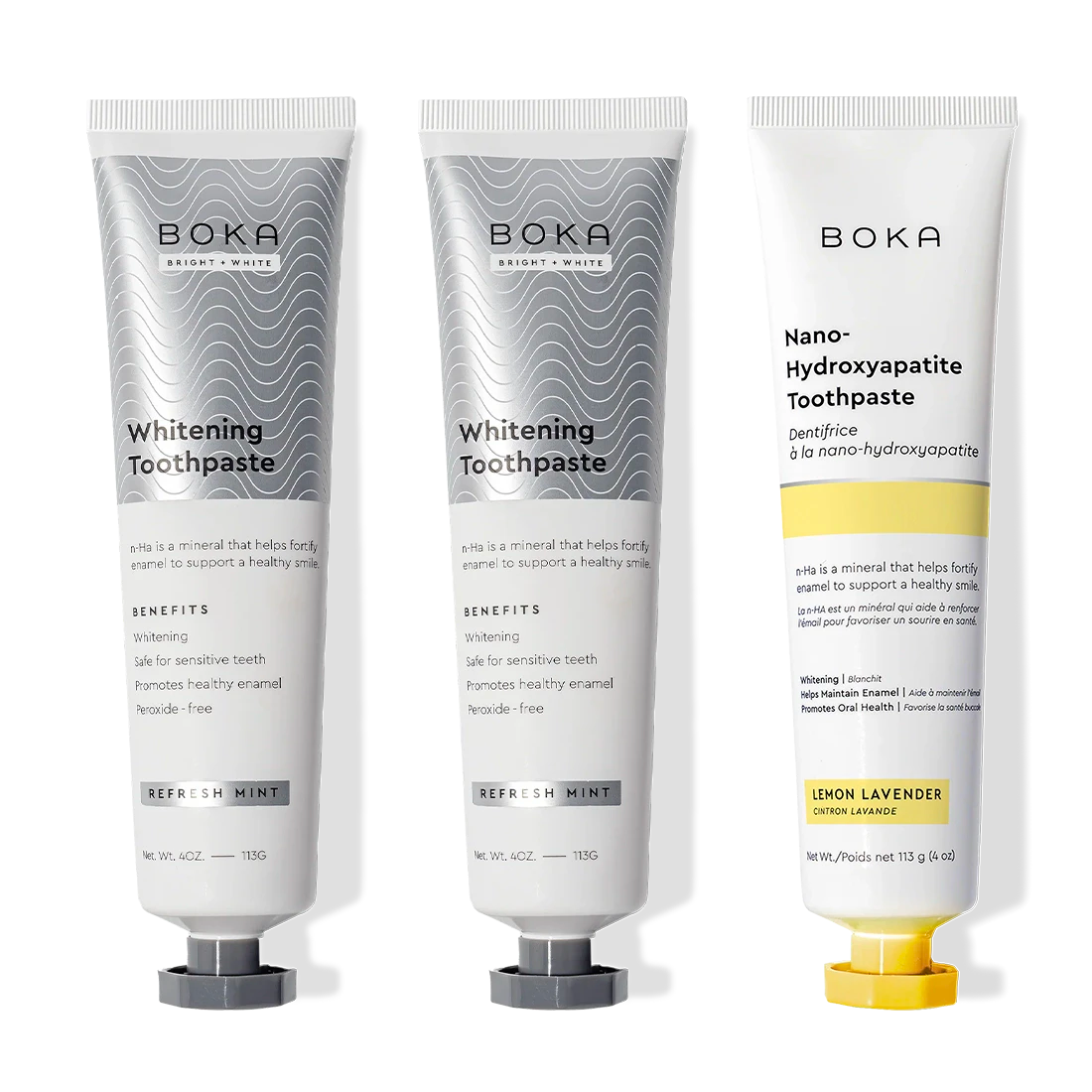 Three-pack of Nano (n-Ha) Toothpaste Whitening: two gray tubes, one white and yellow.