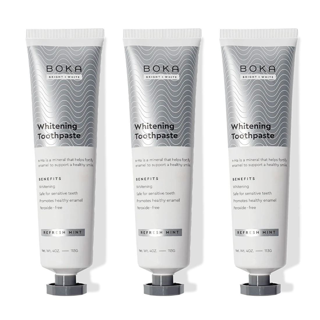 Three upright Nano (n-Ha) Toothpaste Whitening 3 Pack tubes in Refresh Mint flavor, side by side.