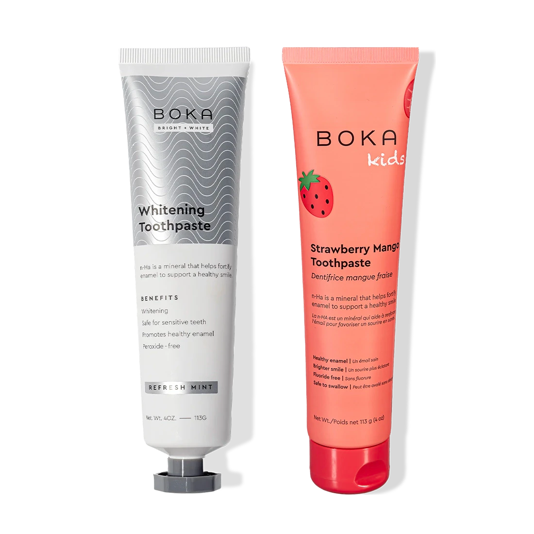 N-Ha Toothpaste 2-Pack: Whitening & Kids formulas, both with nano-hydroxyapatite for strong enamel.