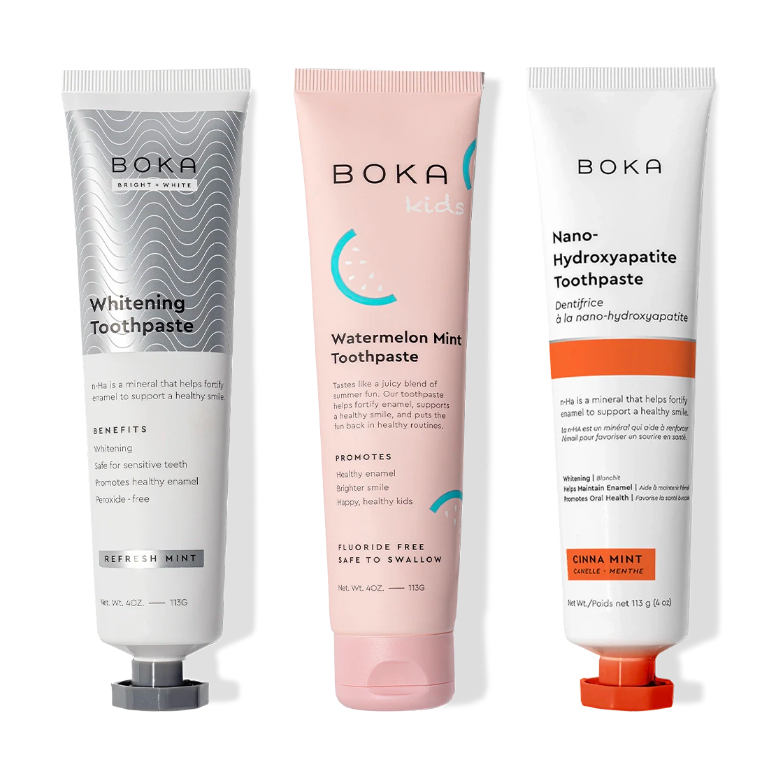 Three-pack of Boka Nano (n-Ha) Whitening Toothpaste, peroxide-free with Watermelon Mint (kids).