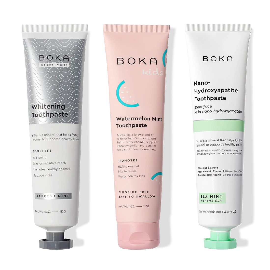 Gallery view - Three Boka Nano (n-Ha) Toothpaste Whitening 3 Pack tubes: peroxide-free and safe for kids.