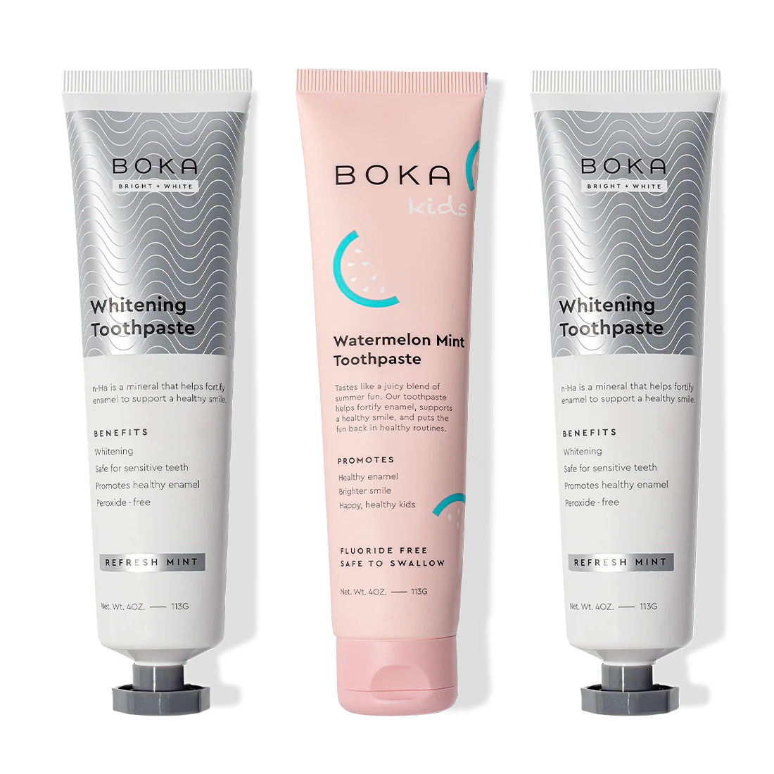 Three-pack: two Whitening Mint (n-Ha), one Kids Watermelon Mint toothpaste.