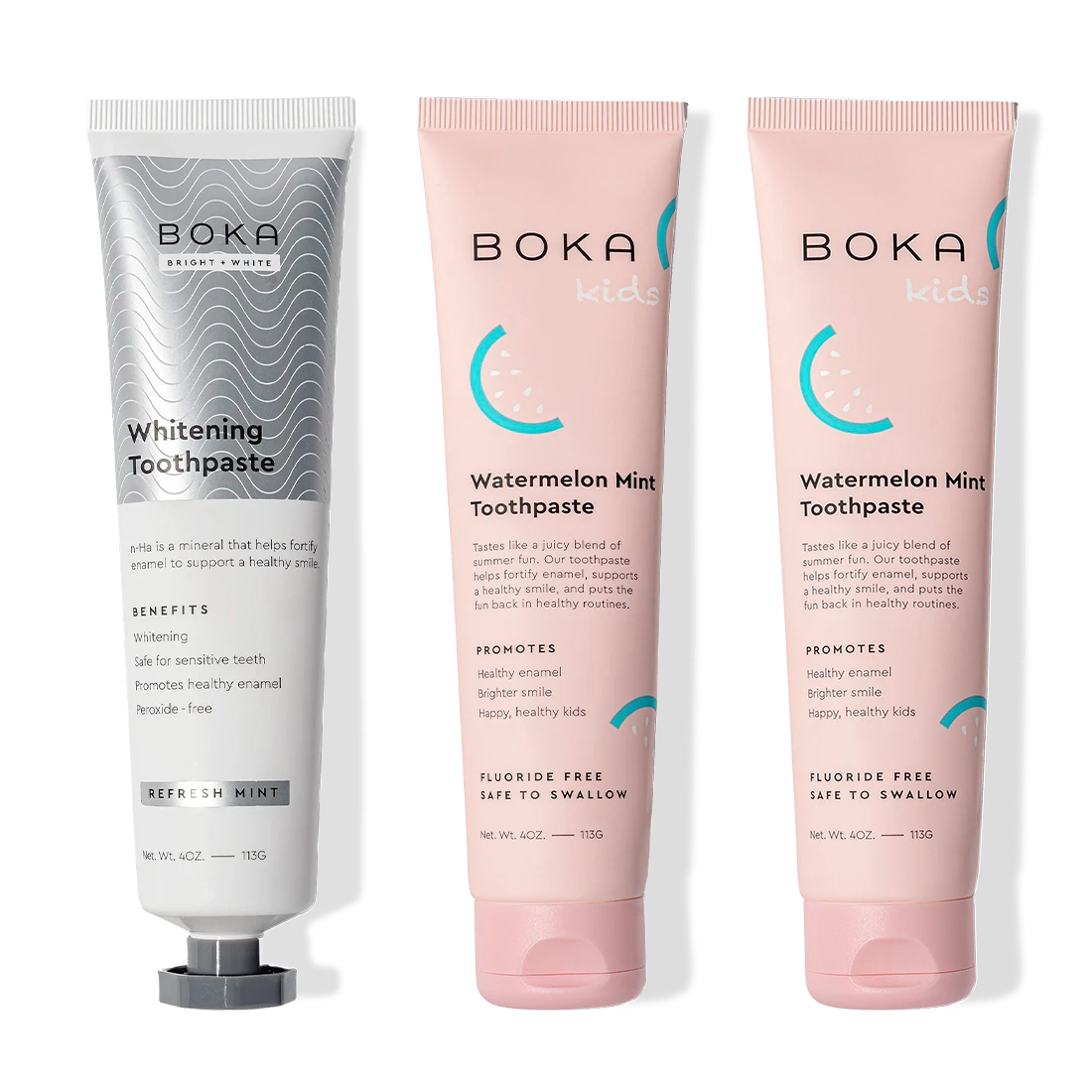 Three upright Nano (n-Ha) Toothpaste Whitening tubes, peroxide-free with nano-hydroxyapatite formula.