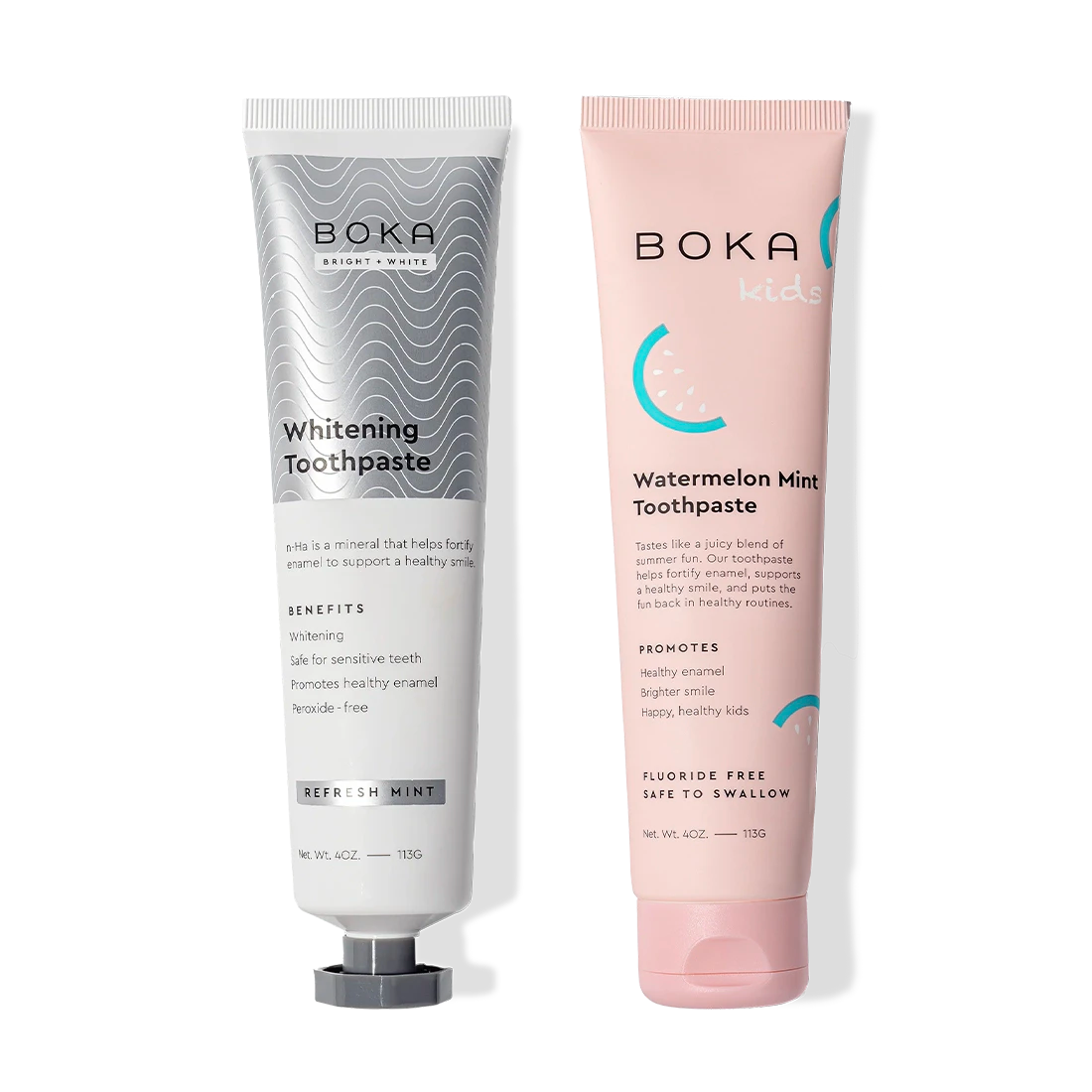N-Ha Toothpaste 2-Pack: Whitening & Watermelon Mint Kids, both with nano-hydroxyapatite for enamel.