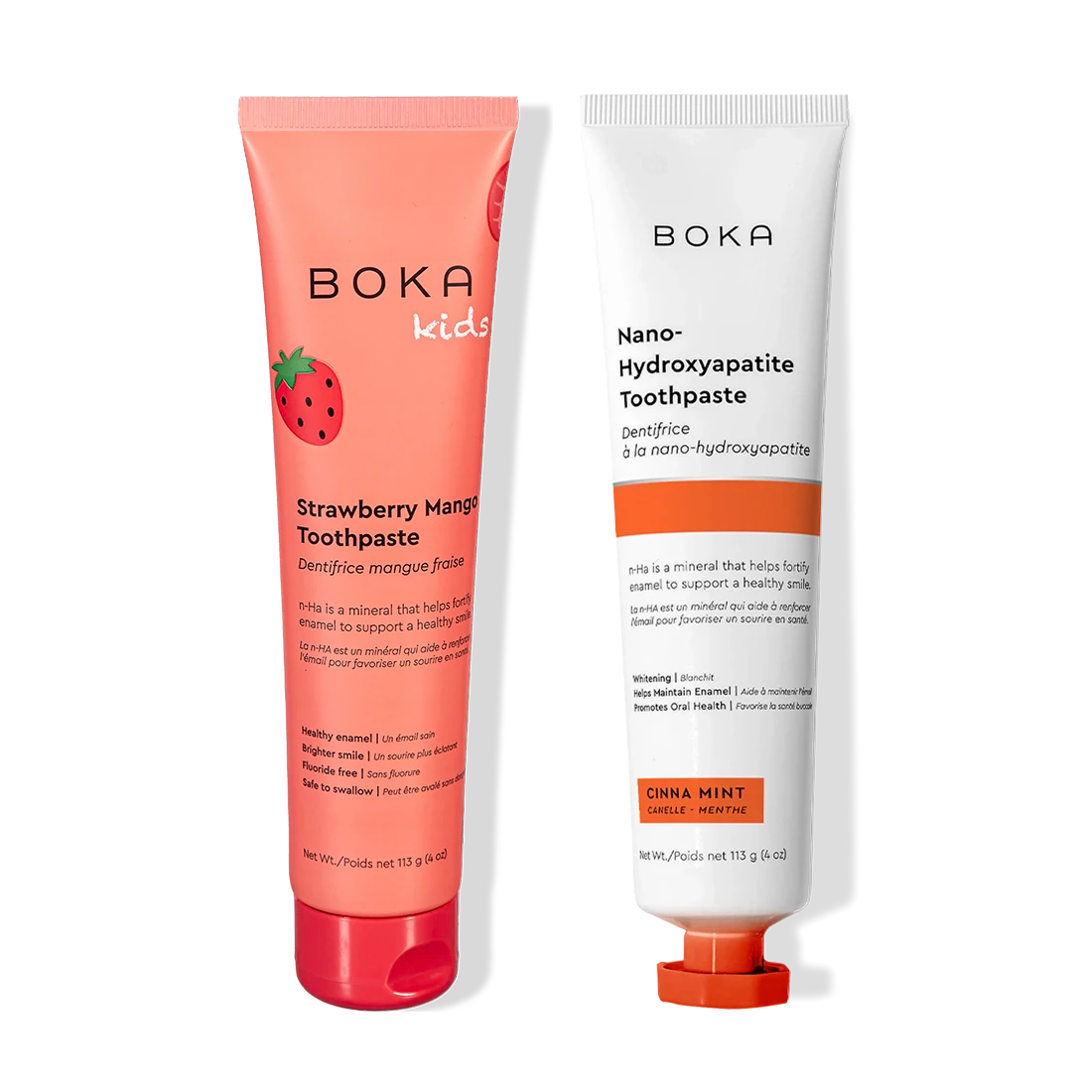 N-Ha Toothpaste 2-Pack: kids’ strawberry mango & cinnamint, with nano-hydroxyapatite for enamel.