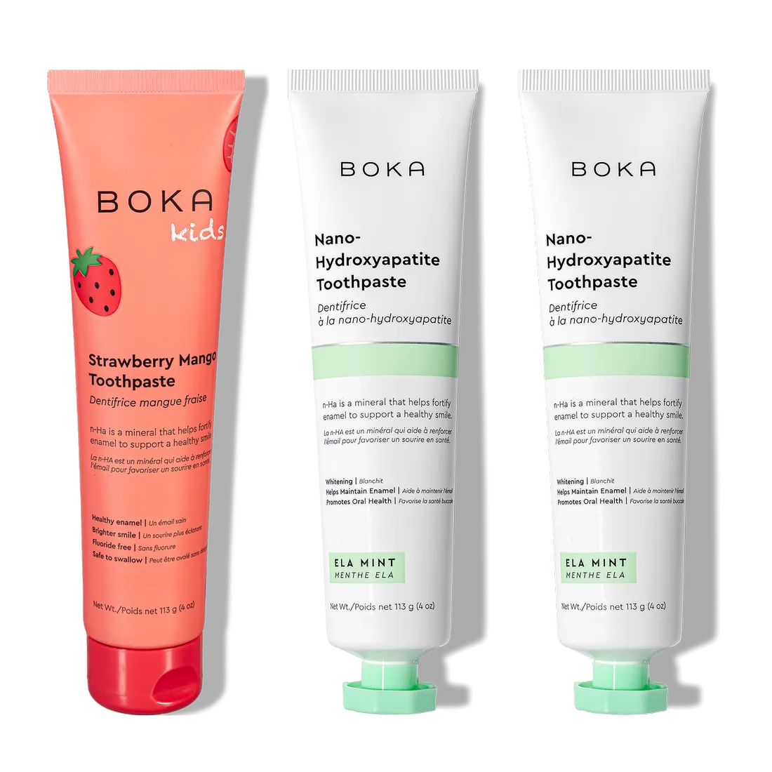 N-Ha Toothpaste Family 3 Pack: kid-friendly flavors and nano-hydroxyapatite for healthy brushing.