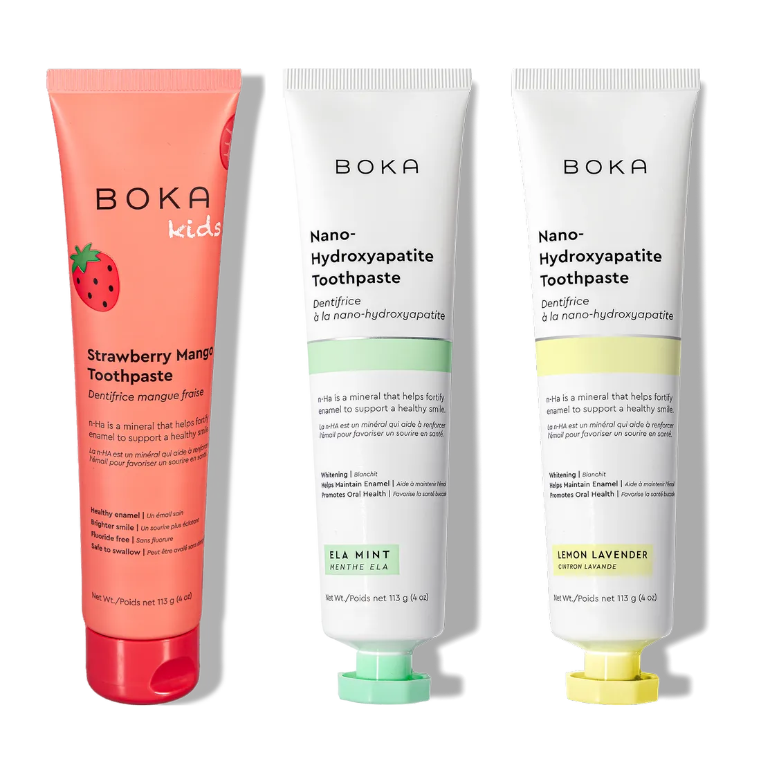 N-Ha Toothpaste Family 3 Pack: kid-approved flavors and nano-hydroxyapatite for healthy brushing.