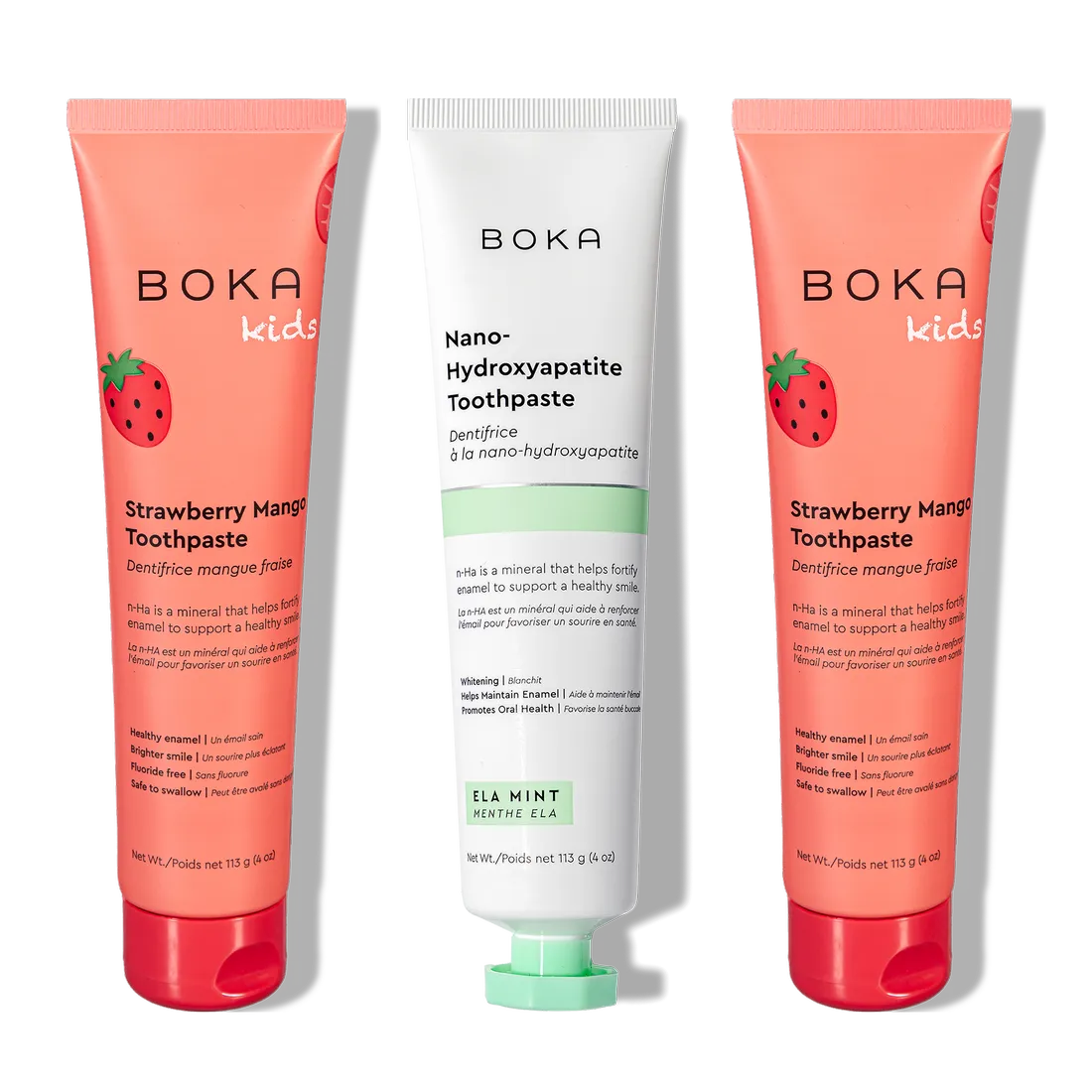 Three tubes of n-Ha Toothpaste Family 3 Pack, perfect for kids and healthy brushing habits.