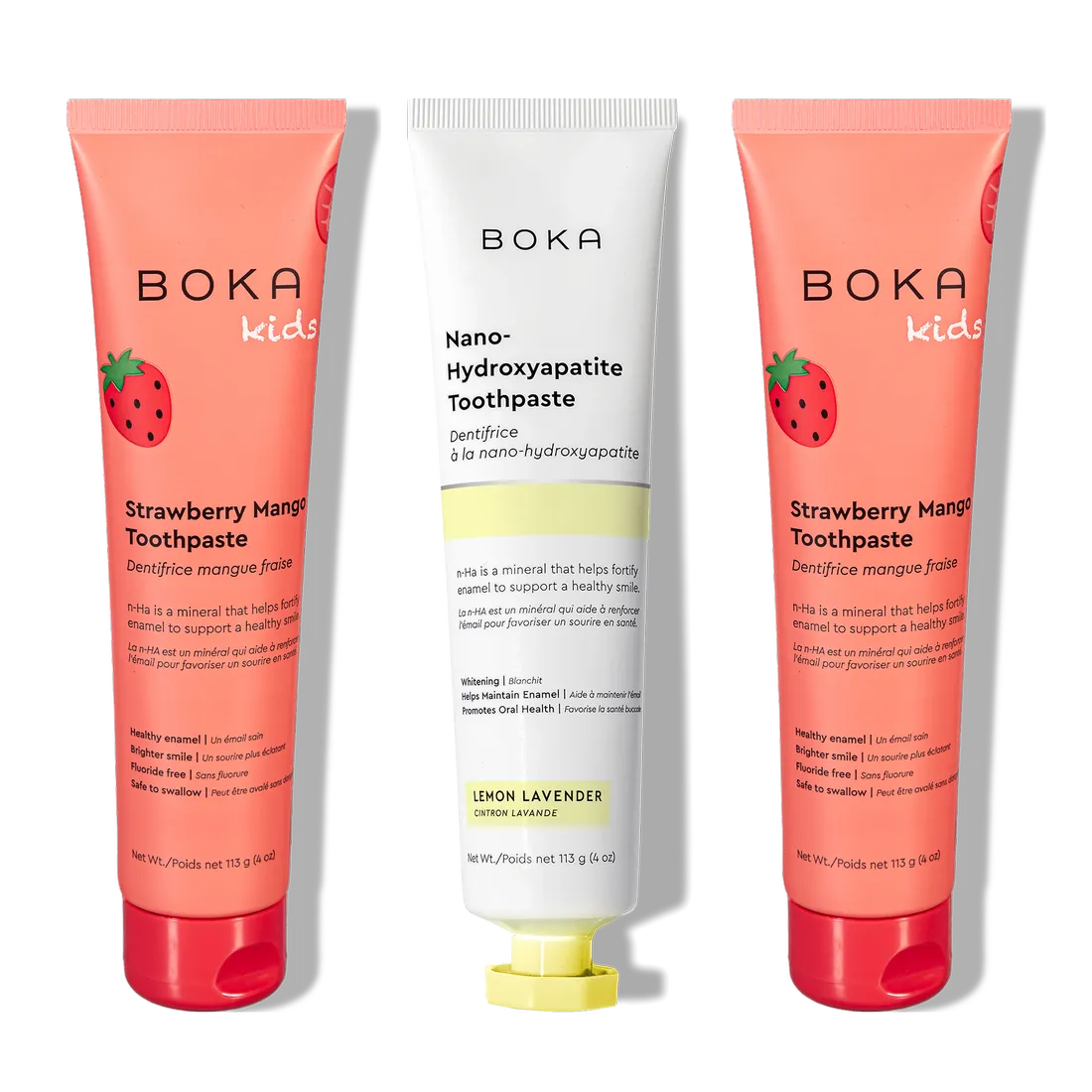 N-Ha Toothpaste Family 3 Pack: three tubes with nano-hydroxyapatite in kid-approved flavors.