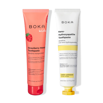 N-Ha Toothpaste 2-Pack: kids’ strawberry mango and adult lemon lavender to fortify enamel.