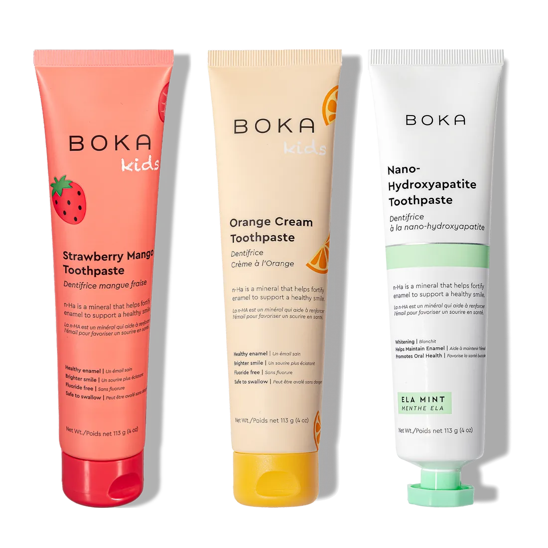 N-Ha Toothpaste Family 3 Pack: kid-friendly flavors and nano-hydroxyapatite for gentle oral care.