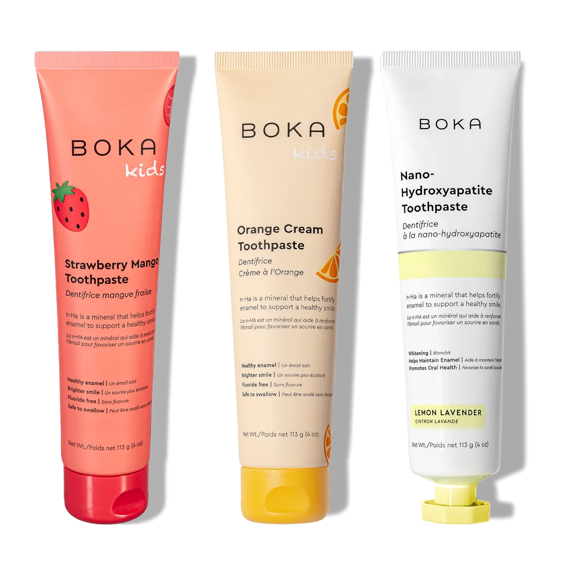 N-Ha Toothpaste Family 3 Pack: three kid-approved flavors with nano-hydroxyapatite for gentle care.