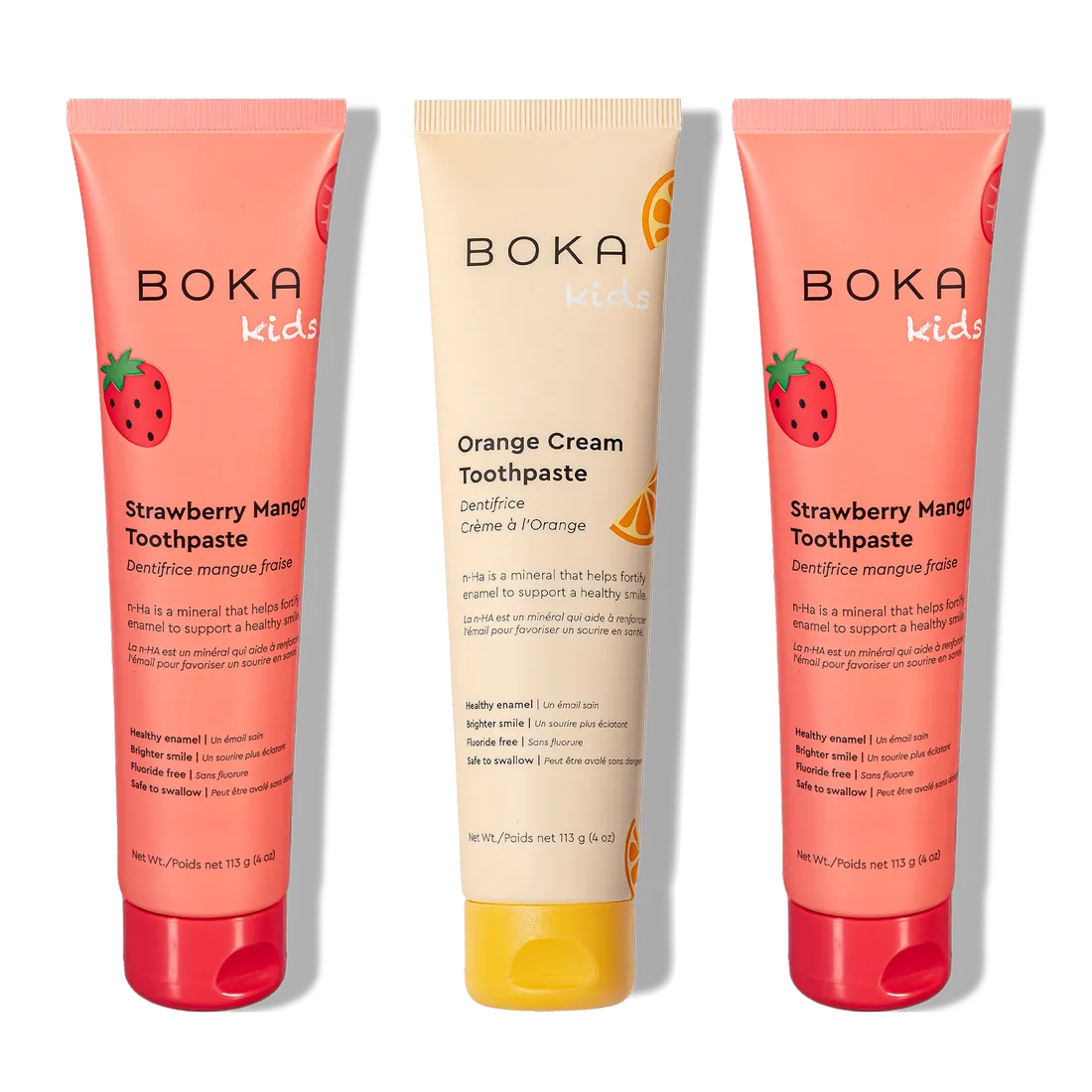 Three n-Ha Toothpaste Family 3 Pack tubes in kid-approved flavors, standing upright.