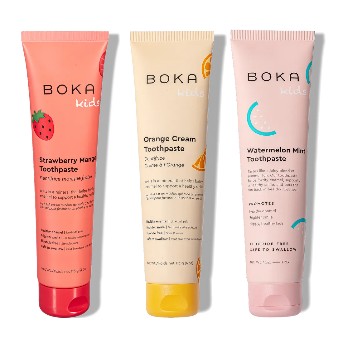 N-Ha Toothpaste Family 3 Pack: three colorful tubes with kid-approved flavors and nano-hydroxyapatite.