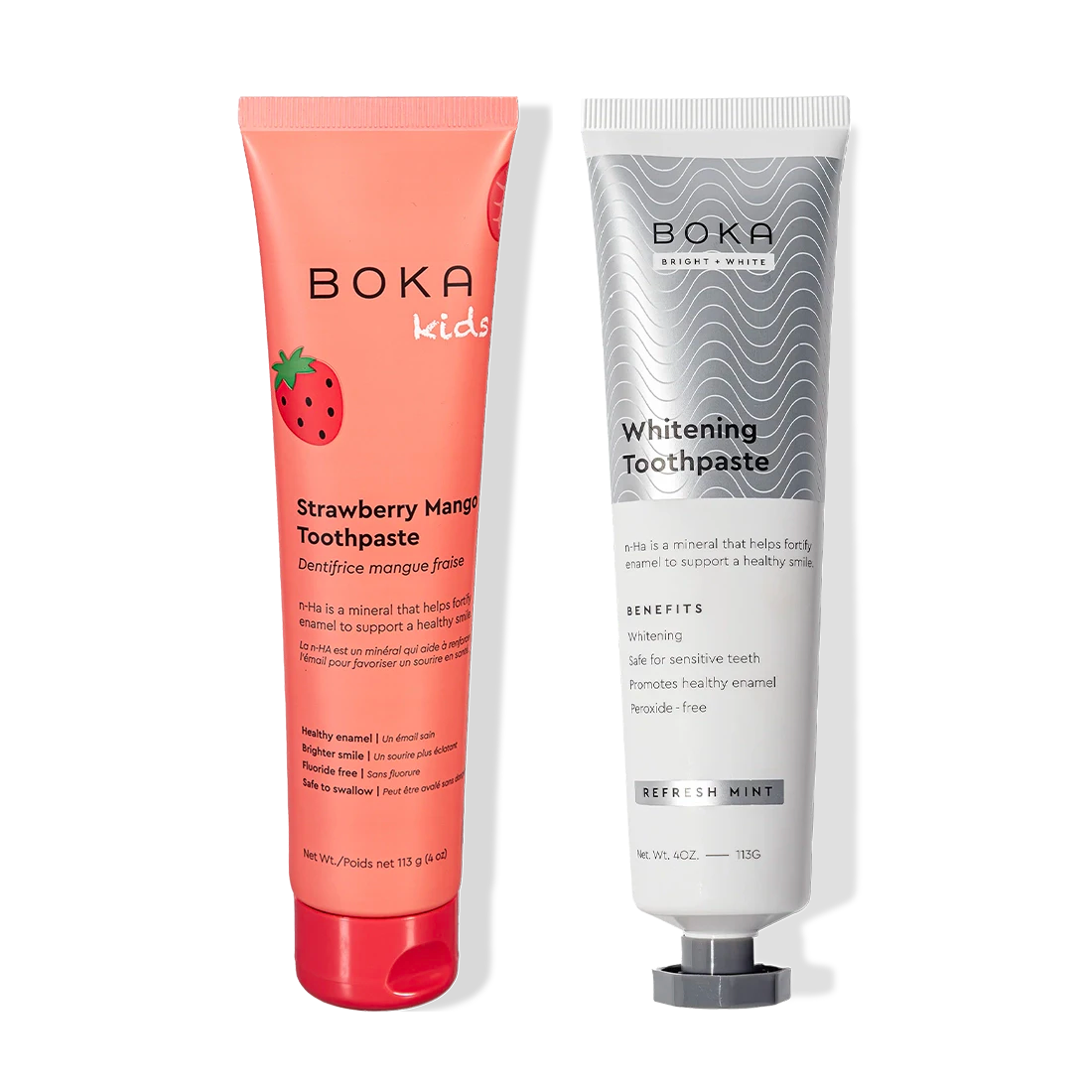 N-Ha Toothpaste 2-Pack: kids’ strawberry mango and whitening mint for daily enamel support.