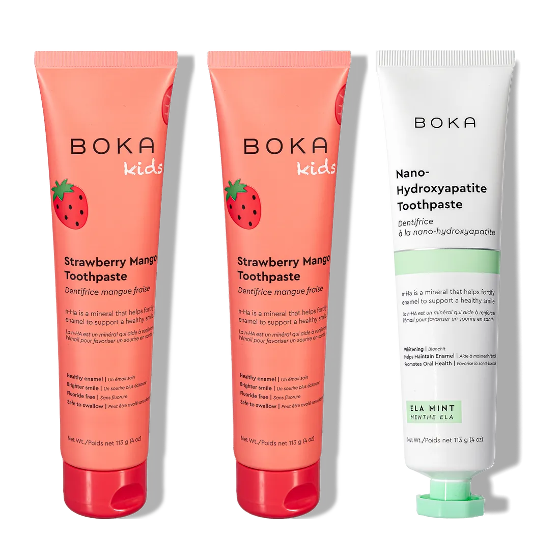 The n-Ha Toothpaste Family 3 Pack: 2 kid flavors + 1 adult mint, all with nano-hydroxyapatite.