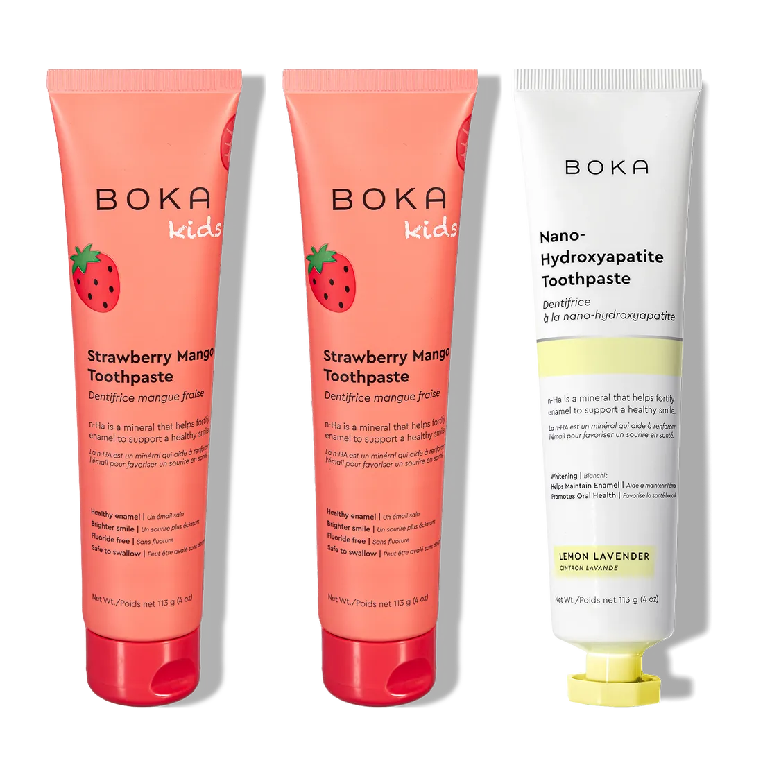 Family 3 Pack: two Strawberry Mango and one Lemon Lavender nano-hydroxyapatite toothpastes.