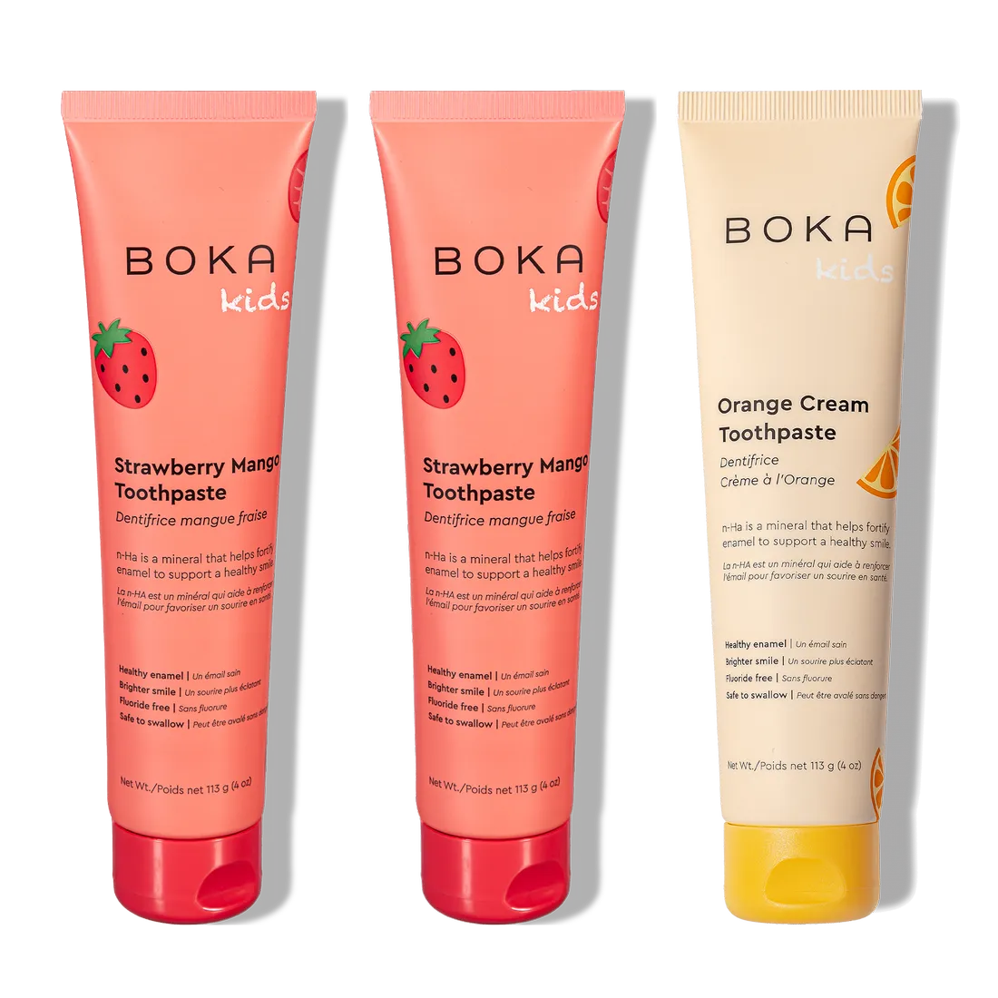 Three tubes of n-Ha Toothpaste Family 3 Pack in kid-friendly flavors for healthy brushing habits.