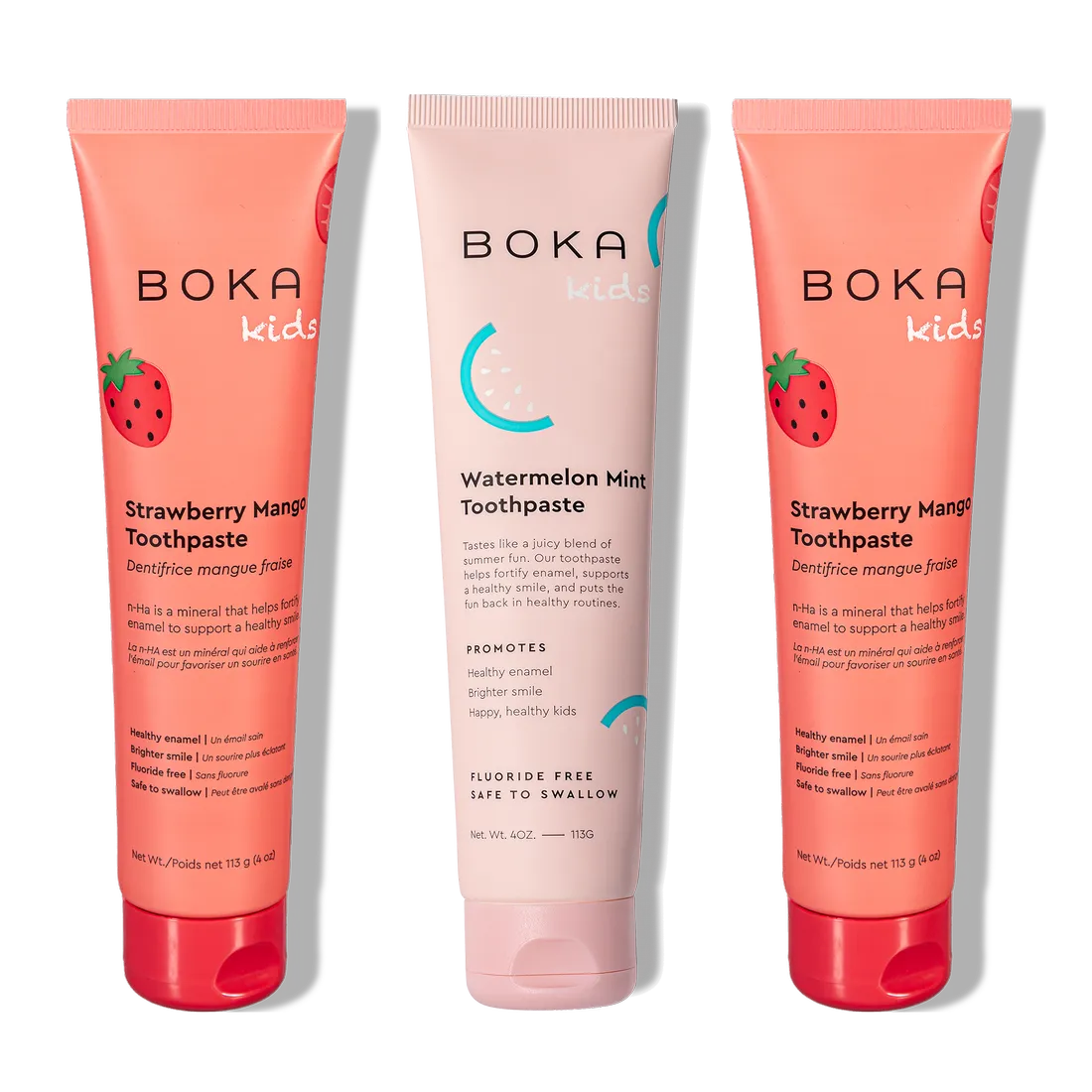 Three tubes of n-Ha Toothpaste Family 3 Pack with kid-friendly flavors for healthy brushing habits.