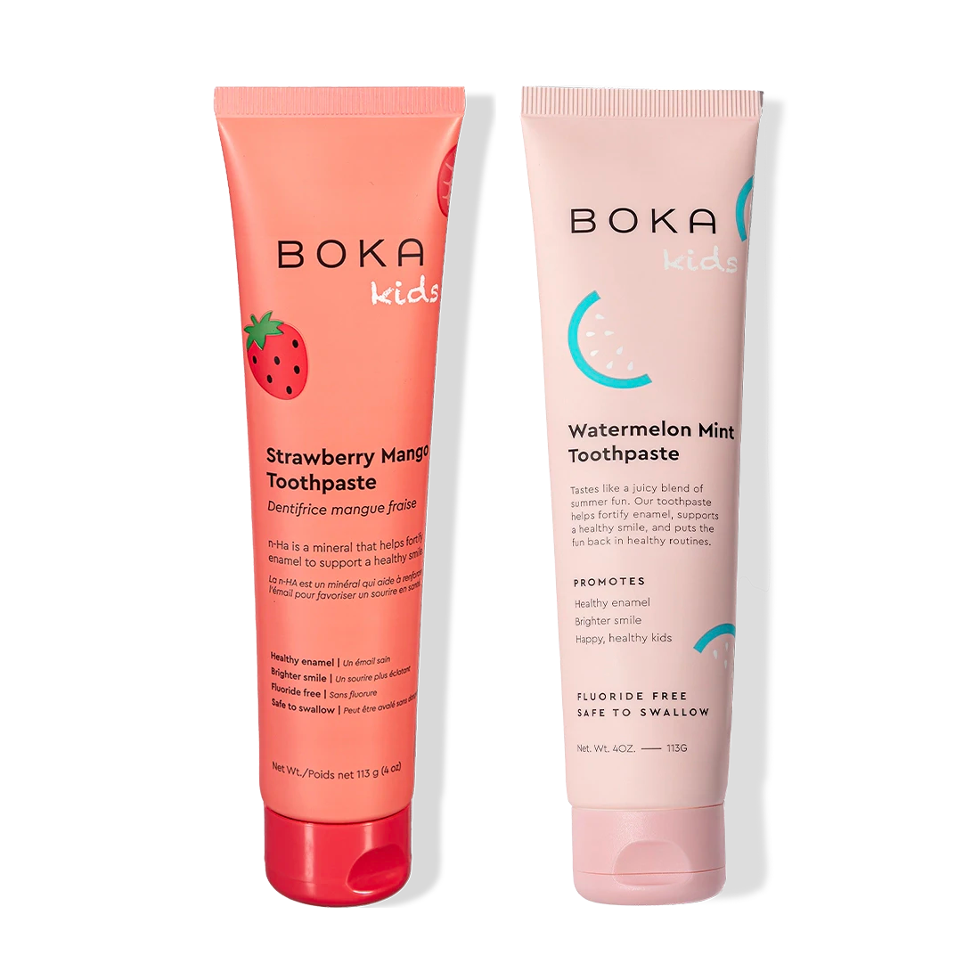 Two tubes of n-Ha Toothpaste 2-Pack for kids to strengthen enamel with tasty fruity flavors.