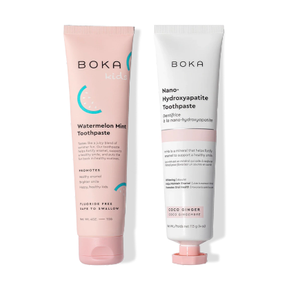 N-Ha Toothpaste 2-Pack: Watermelon Mint for kids, Coco Ginger with enamel-strengthening nano-hydroxyapatite.