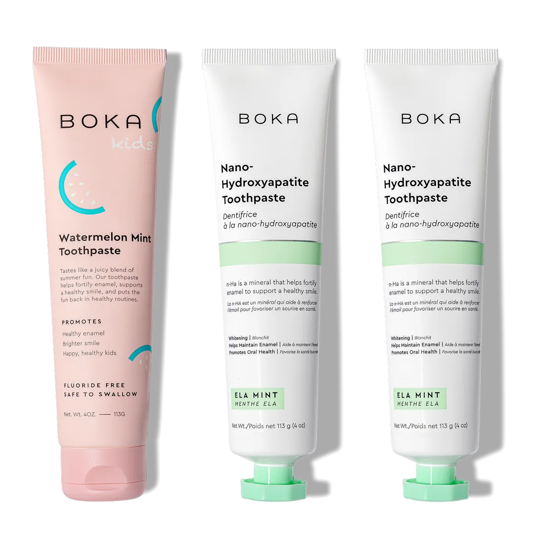 N-Ha Toothpaste Family 3 Pack: kid-approved flavors & nano-hydroxyapatite for healthy brushing.