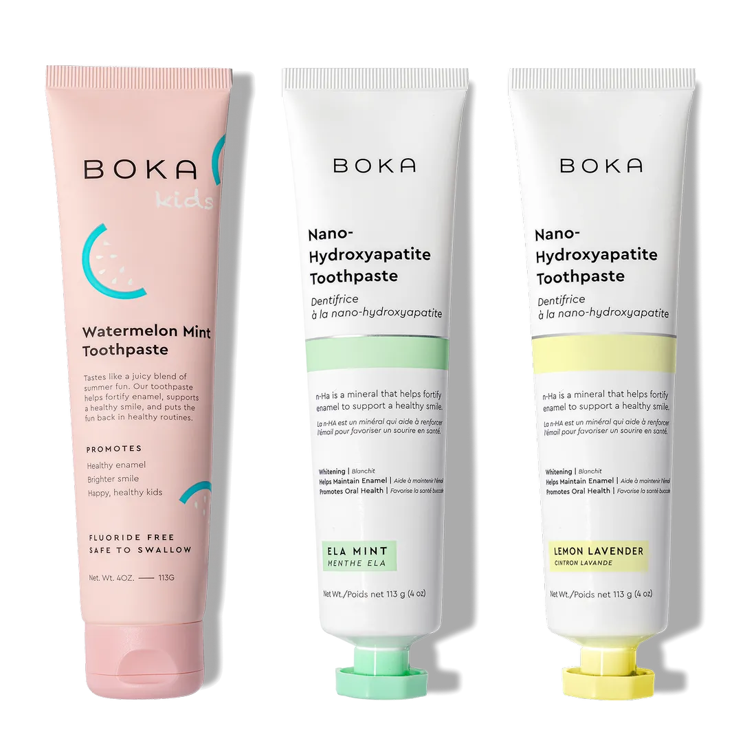 Three n-Ha Toothpaste Family 3 Pack tubes stand upright, promoting healthy brushing for kids.