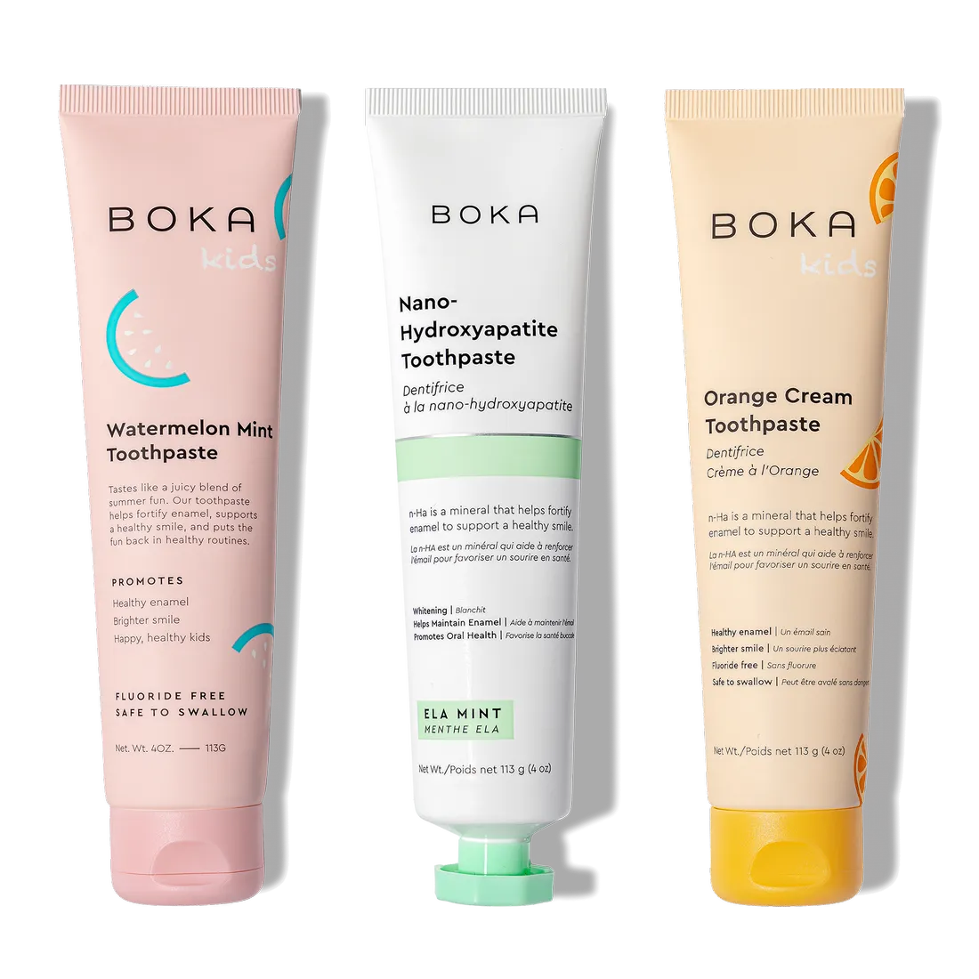 N-Ha Toothpaste Family 3 Pack: kid-friendly flavors and nano-hydroxyapatite for healthy brushing.
