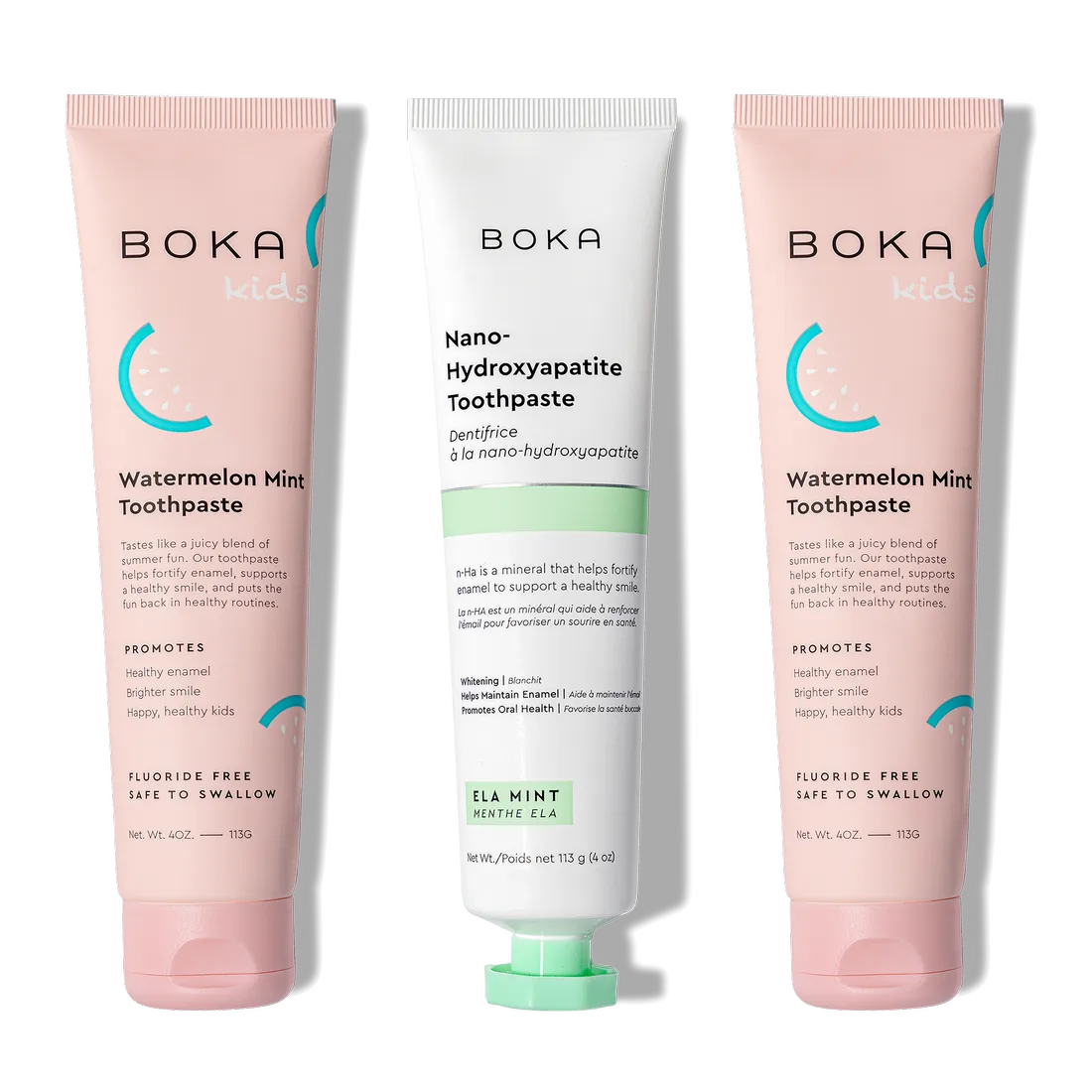 N-Ha Toothpaste Family 3 Pack: nano-hydroxyapatite oral care in kid-approved flavors.