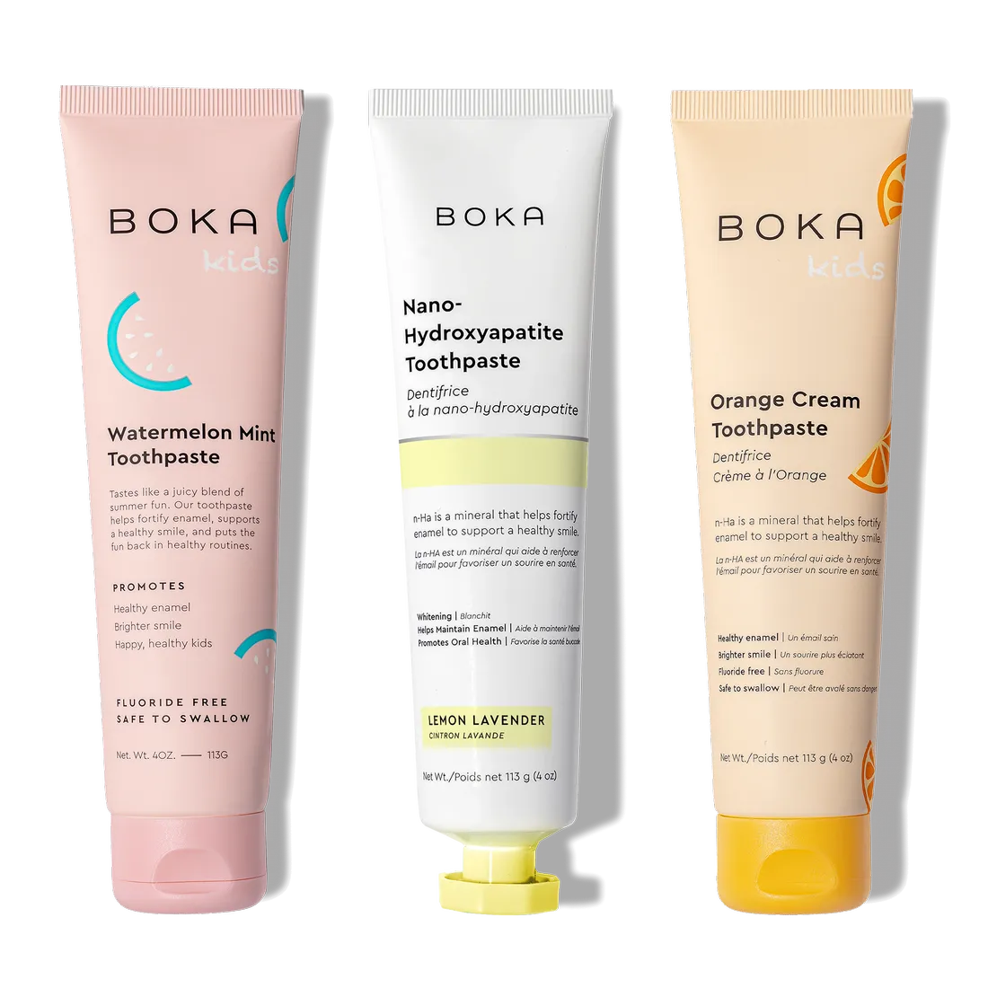 Three n-Ha Toothpaste Family 3 Pack tubes for healthy brushing habits, standing upright.