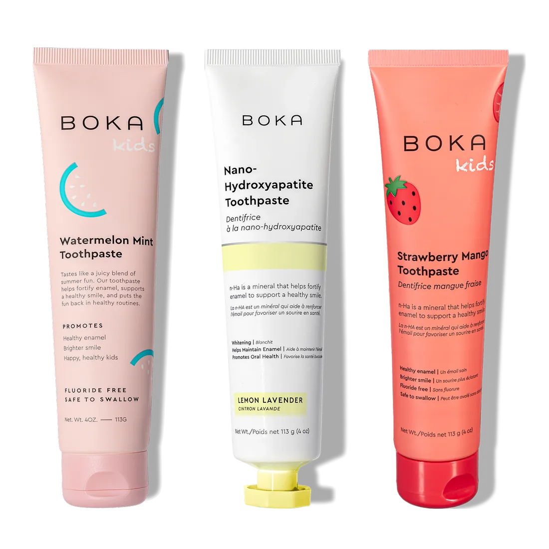 Three colorful tubes of n-Ha Toothpaste Family 3 Pack with kid-approved flavors for healthy smiles.