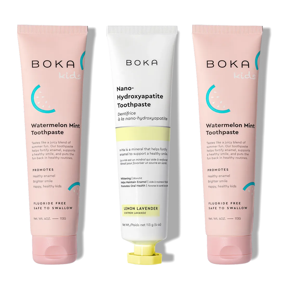 N-Ha Toothpaste Family 3 Pack: kid-approved nano-hydroxyapatite tubes for healthy brushing habits.