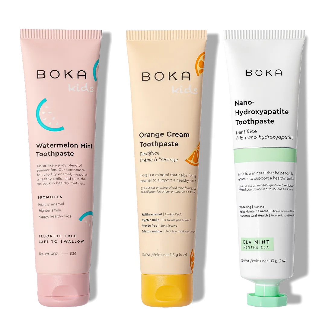 N-Ha Toothpaste Family 3 Pack: kid-approved flavors, nano-hydroxyapatite for healthy brushing.