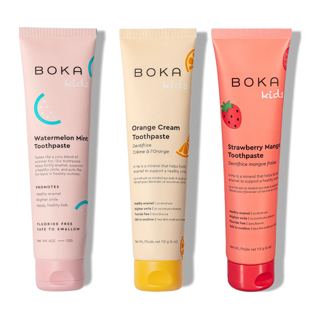 Three n-Ha Toothpaste Family 3 Pack tubes with kid-friendly flavors for fun, healthy brushing.