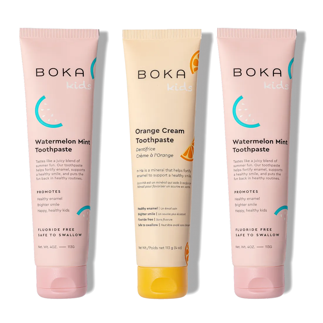 N-Ha Toothpaste Family 3 Pack: three tubes with fun flavors for healthy brushing, standing upright.