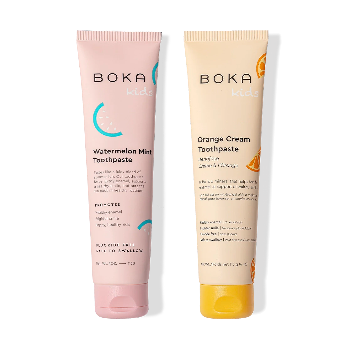 Two n-Ha Toothpaste 2-Pack for kids with nano-hydroxyapatite to fortify enamel on white background.